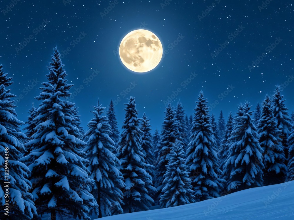 Naklejka premium Snowy winter wonderland scene with tall pine trees, snow, christmas lights, and full moon, full moon, winter, pine trees