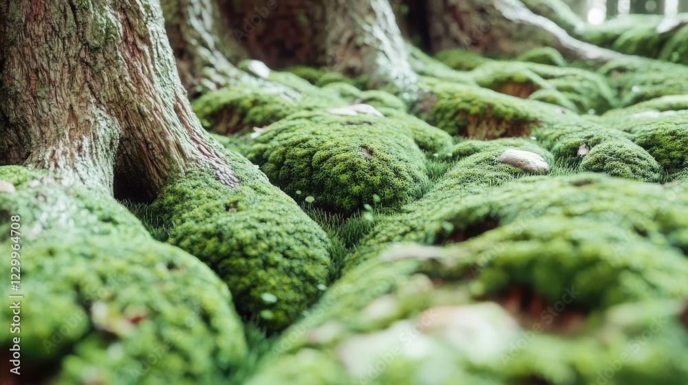 Micro shot close-up habitat exam droplet. Lush green moss blankets the ground around tree roots, creating a serene and vibrant natural landscape. Micro shot close-up habitat exam droplet. Lush green moss blankets the ground around tree roots, creating a serene and vibrant natural landscape.