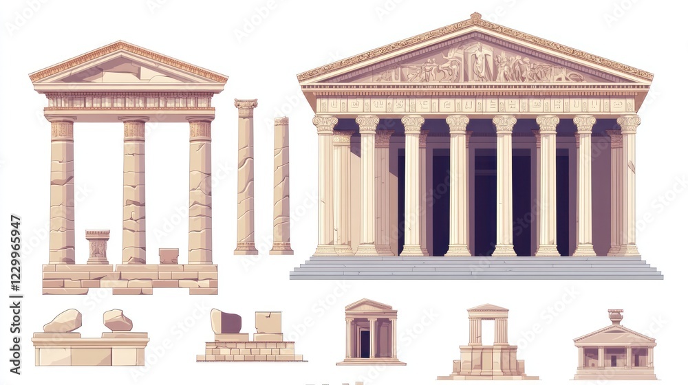 Obraz premium Ancient Greek temple architecture elements, columns, ruins.