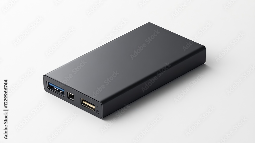 A sleek and modern external hard drive placed on a white background. A sleek and modern external hard drive placed on a white background.