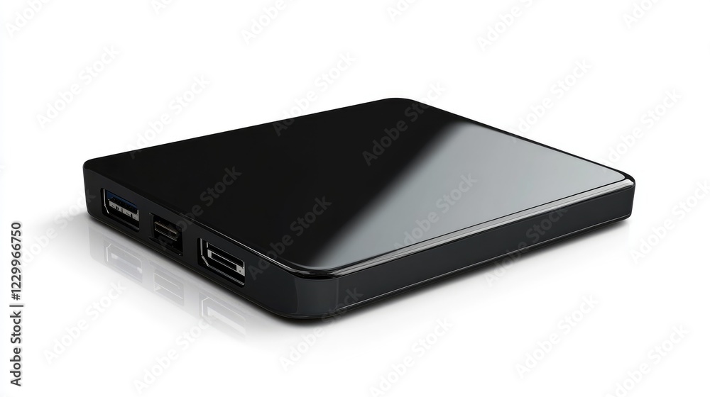A sleek and modern external hard drive placed on a white background. A sleek and modern external hard drive placed on a white background.