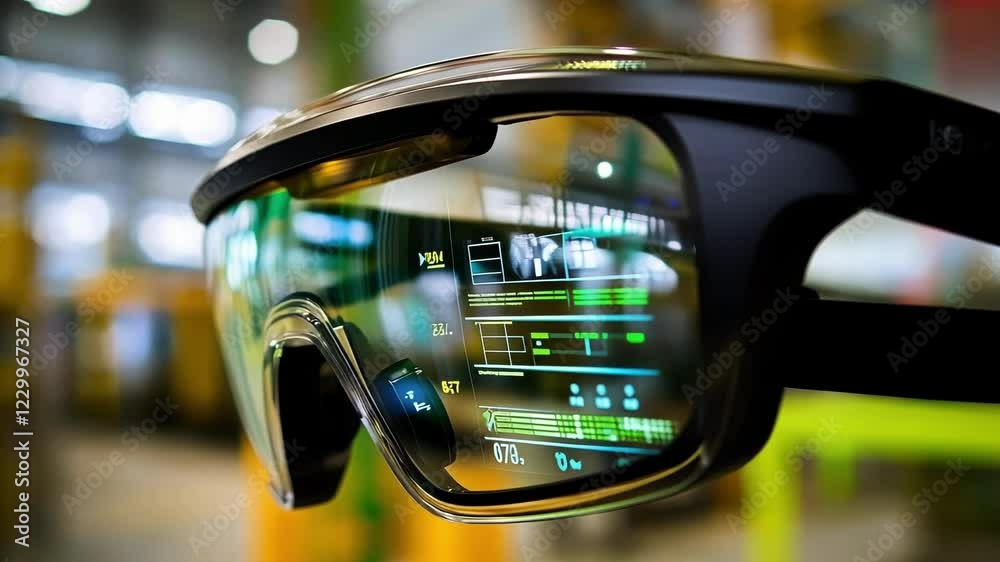 A closeup of AR glasses resting on the workers forehead with a virtual panel displayed in front of them showing live analytics of energy usage across different machines in the factory. A closeup of AR glasses resting on the workers forehead with a virtual panel displayed in front of them showing live analytics of energy usage across different machines in the factory.