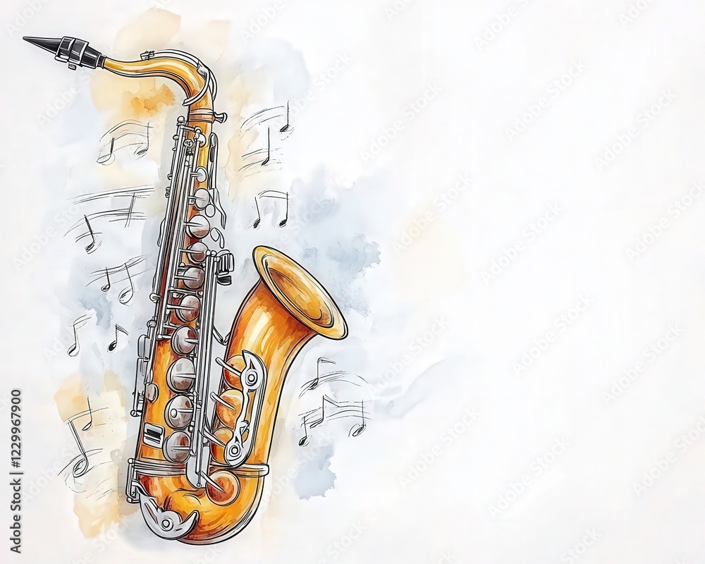 Naklejka premium Vibrant Hand-Drawn Saxophone Surrounded by Musical Notes Art