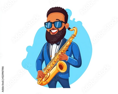 Joyful Musician Playing Saxophone with Stylish Attire and Shades