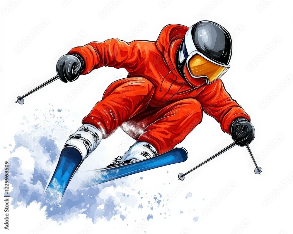 Obraz premium Dynamic Snow Sports Action with a Skier in Bright Orange Outfit