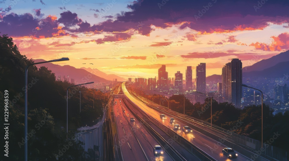 Fototapeta premium A scenic view of an expressway at dusk, with the last rays of sunlight illuminating the road and distant buildings, creating a peaceful yet vibrant atmosphere for evening travelers.