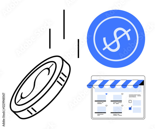 Digital coin, dollar symbol, and an online storefront interface. Ideal for e-commerce, digital transactions, online shopping, financial tech, economic growth, virtual currency fintech startups