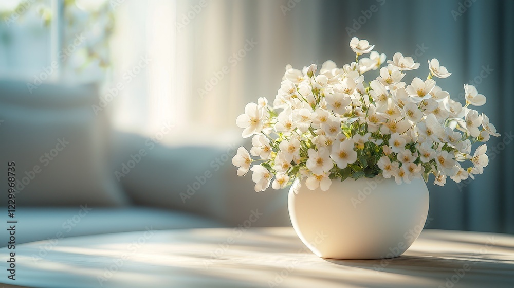 Fototapeta premium Beautiful white flower arrangement cozy living room photography natural light close-up view serenity and elegance