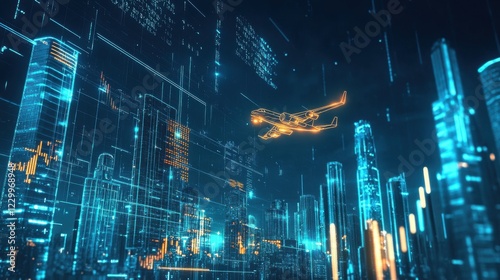 A sophisticated airline profit forecast concept, glowing financial trends, a jet plane flying over a cityscape, clean and futuristic atmosphere