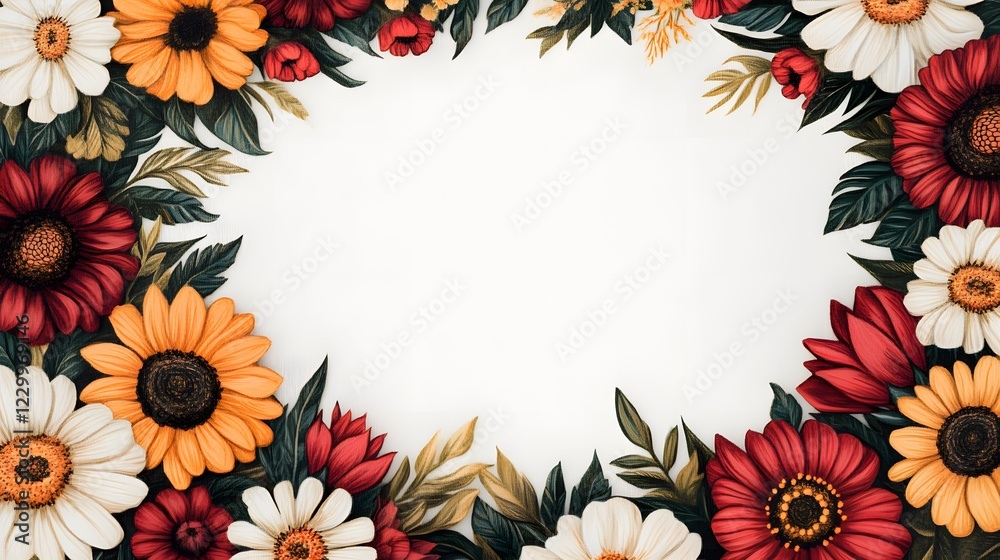 A vibrant floral border showcasing a mix of sunflowers, daisies, and red flowers, framing a blank central space for text or decoration. A vibrant floral border showcasing a mix of sunflowers, daisies, and red flowers, framing a blank central space for text or decoration.