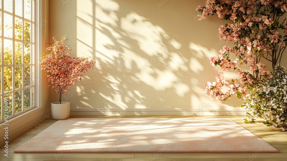 Fototapeta premium Beautiful cherry blossom decor in sunlit room nature inspired home decor tranquil indoor environment