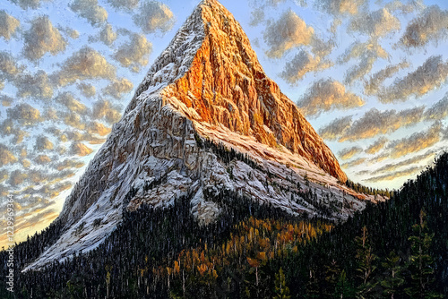 A stunning digital painting showcasing the majestic peak of Mount Rundle, set in the breathtaking Canadian Rockies. The rugged mountain landscape is captured in vibrant colors and dramatic lighting. photo