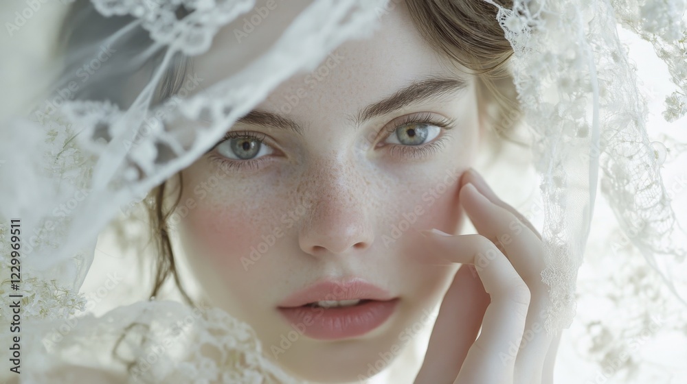 A serene image of a woman with soft makeup, gently touching her face, with delicate lace framing her features, conveying a sense of grace and beauty A serene image of a woman with soft makeup, gently touching her face, with delicate lace framing her features, conveying a sense of grace and beauty