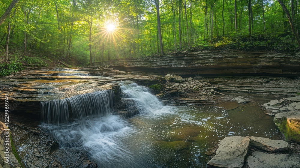 Obraz premium Sunlit forest stream waterfall, summer nature