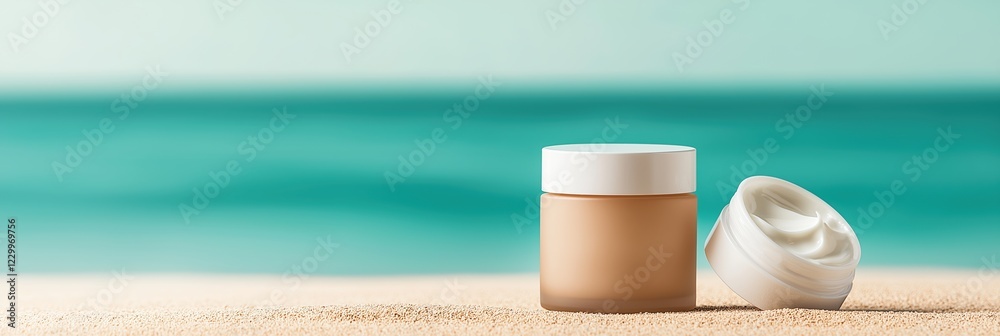 Naklejka premium Cosmetic cream jars placed on sandy beach with ocean background, close-up view