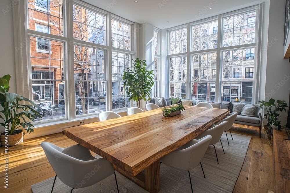 Fototapeta premium Modern dining room with large windows, city view, natural light