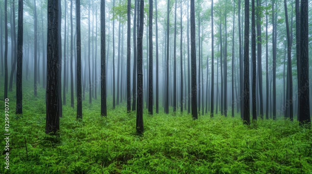 Obraz premium Misty Forest with Green Ferns and Tall Trees in Tranquil Atmosphere