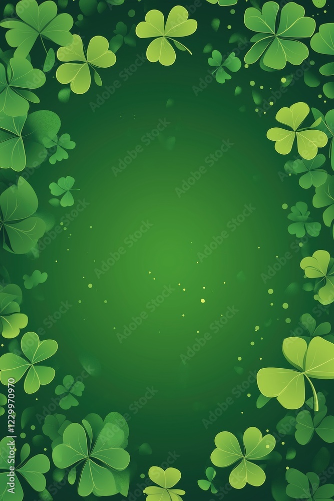 Green shamrock background with clovers, top view, gradient design