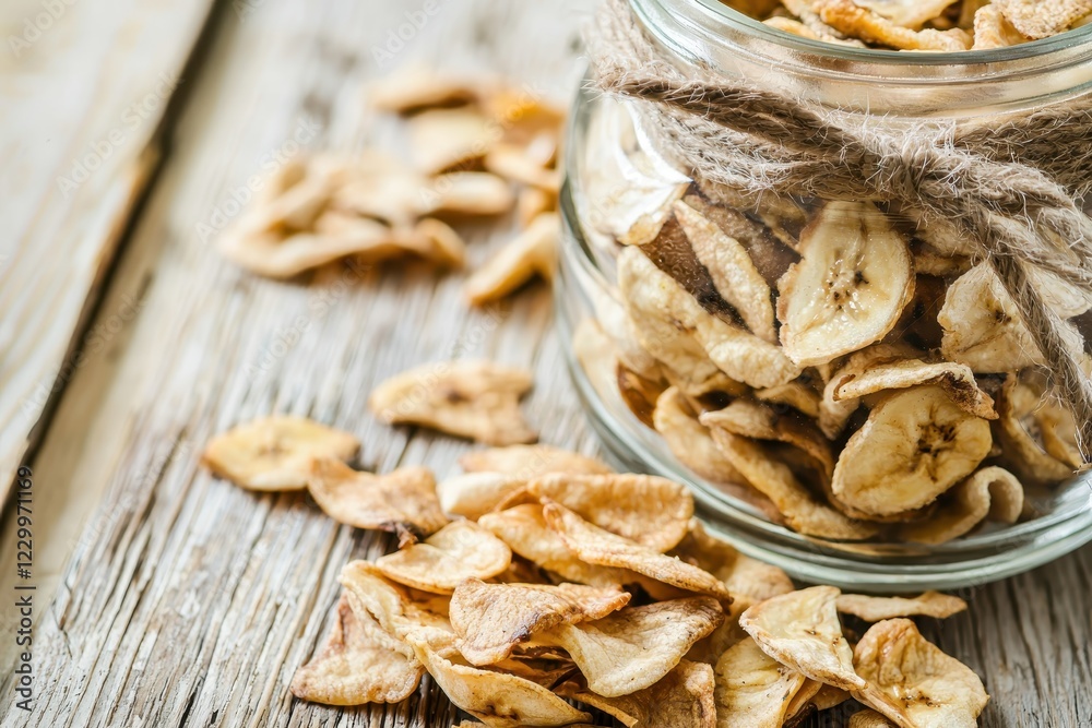 Banana Chips in a Glass Jar Light, crunchy banana chips with a golden hue, showcased in a jar tied with a rustic ribbon Banana Chips in a Glass Jar Light, crunchy banana chips with a golden hue, showcased in a jar tied with a rustic ribbon