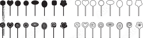 Sweets and candy icon set. Chocolate bars, caramel, toffee and lollipop on sticks, marmalade bears. Confectionery shop elements for birthday kids present cartoon flat isolated vector collection.