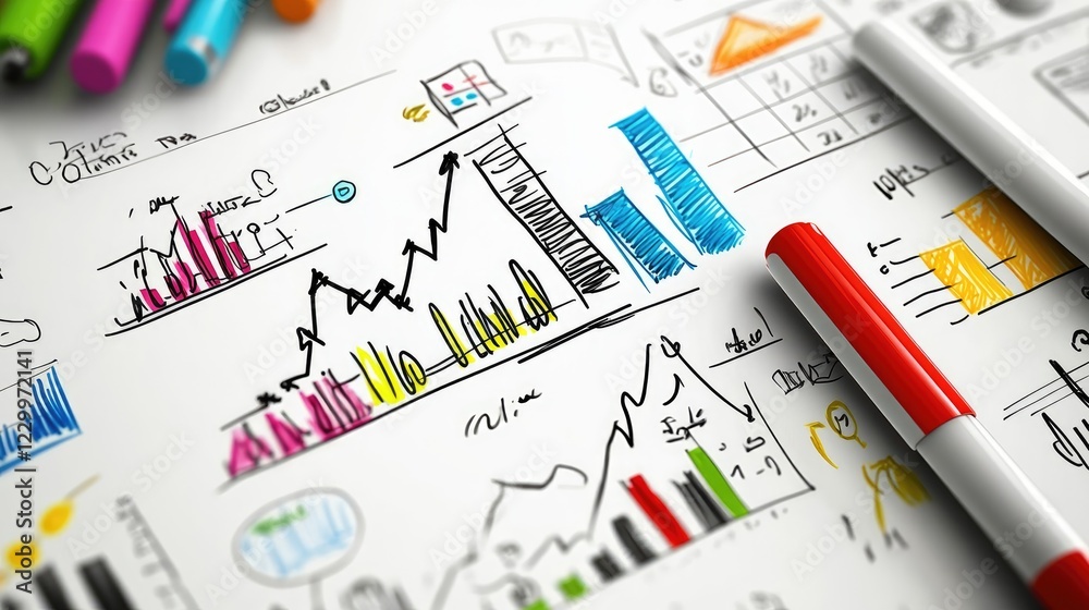 Fototapeta premium A whiteboard with business strategy notes written in bold markers.