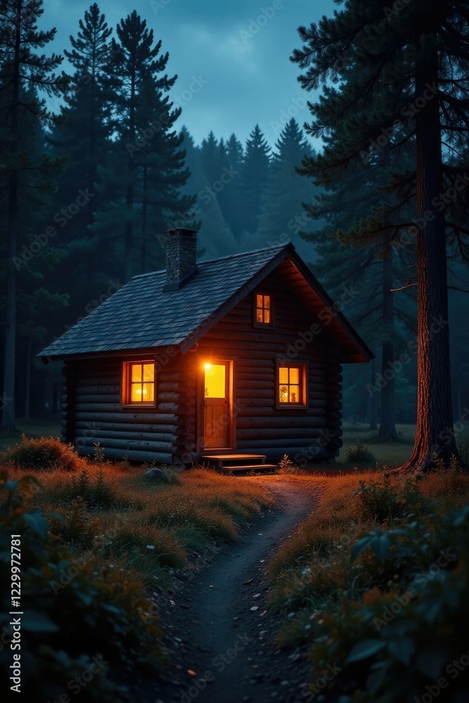 A crackling fire dances in the darkness of a wooden cabin, peaceful, serene, seclusion A crackling fire dances in the darkness of a wooden cabin, peaceful, serene, seclusion