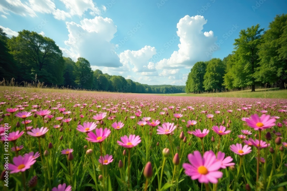 A field of pink wildflowers stretches towards the sky amidst a lush green meadow and towering trees, nature, trees A field of pink wildflowers stretches towards the sky amidst a lush green meadow and towering trees, nature, trees