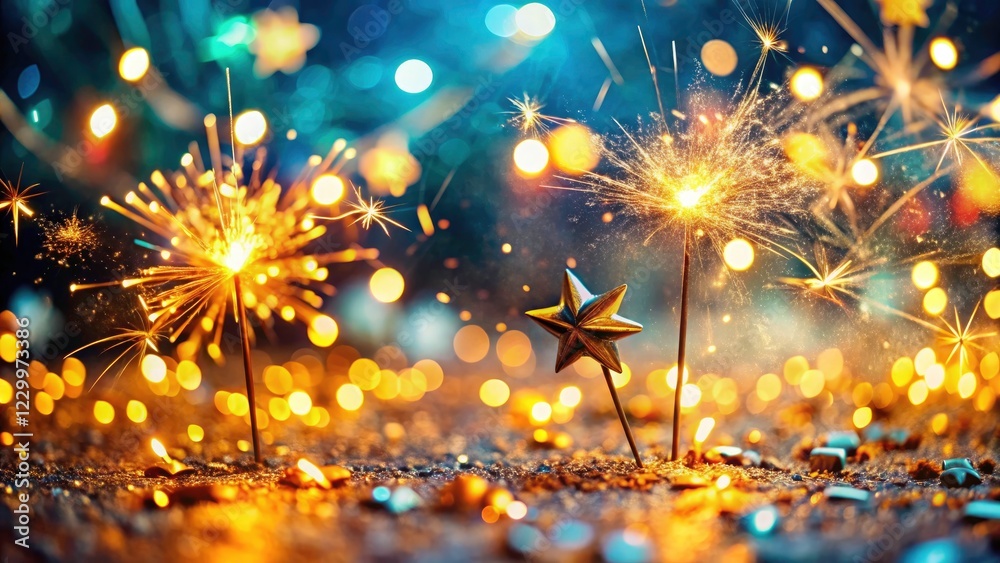 Fototapeta premium Tilt-shift wonder! Happy New Year! Festive golden stars illuminate a joyful, sparkling celebration.