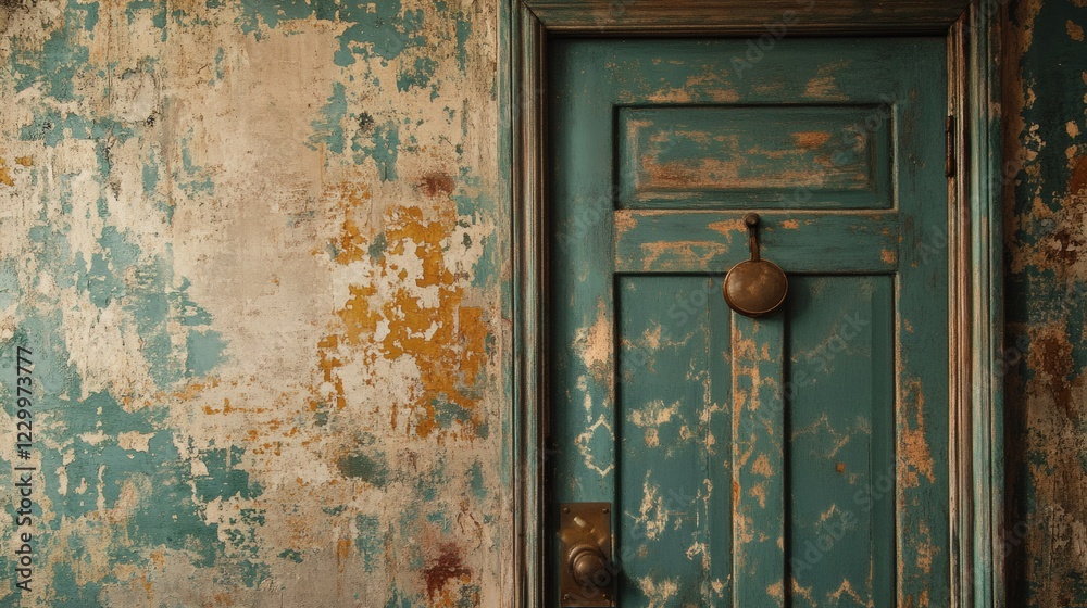 Rustic teal door on aged, textured wall. Rustic teal door on aged, textured wall.