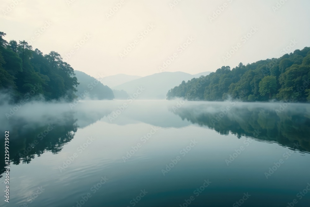 Fototapeta premium A quiet lake at morning with mist rising from its surface slowly, , lake