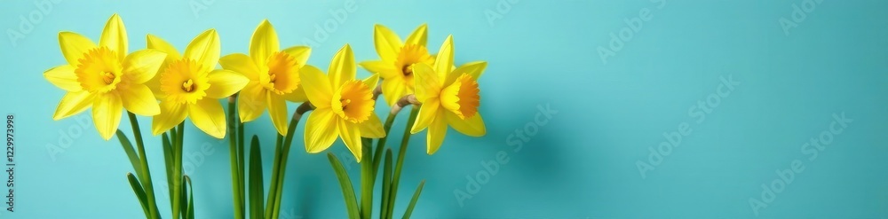 Obraz premium A row of bright yellow daffodils in a vase against a blue background, spring decor, flower vase, floral arrangements