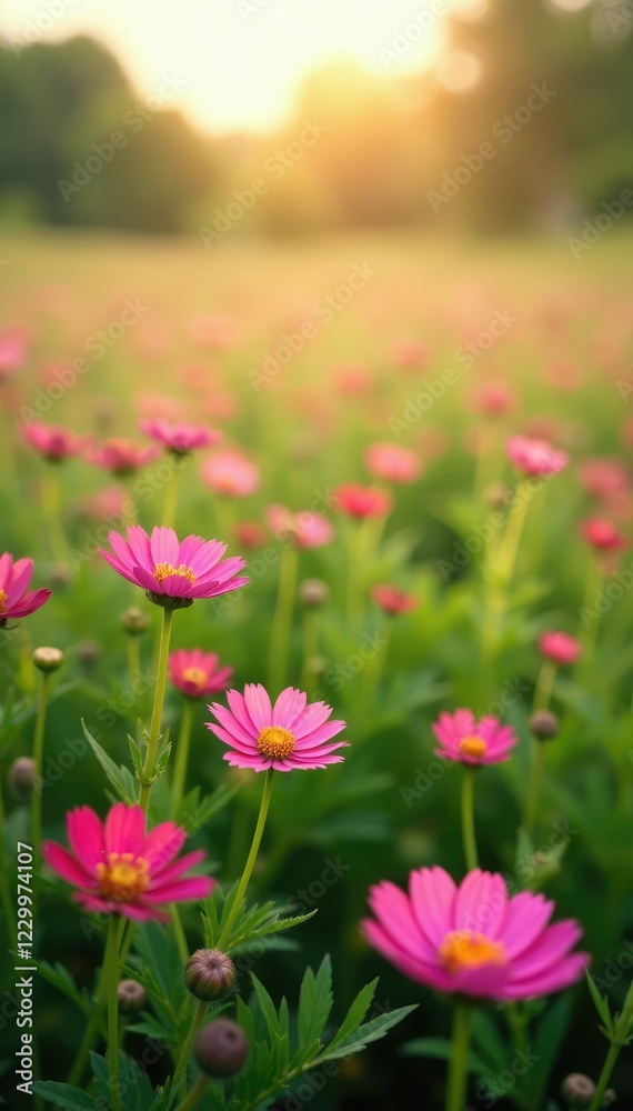 A sea of pink wildflowers stretching across a sunny landscape, green, meadow A sea of pink wildflowers stretching across a sunny landscape, green, meadow