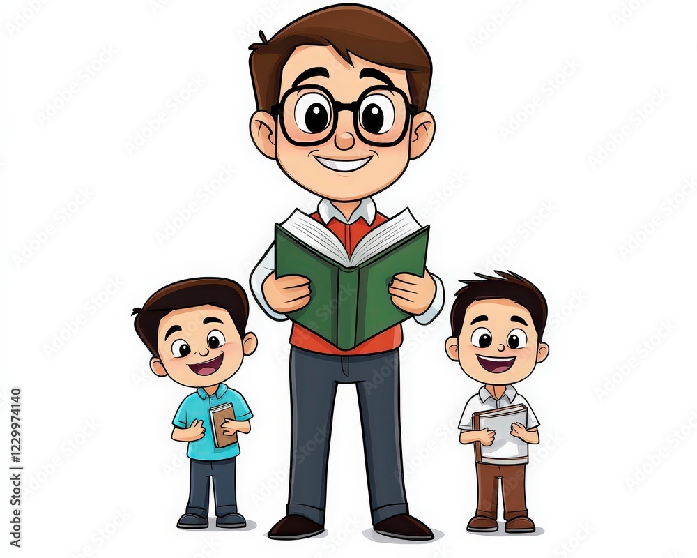 Happy Teacher Reading Book with Two Excited Students Together Happy Teacher Reading Book with Two Excited Students Together