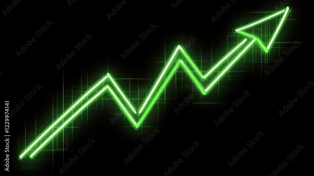 Naklejka premium Financial growth concept with a glowing green upward trend line over a dark modern background.