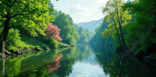 A serene riverbank with lush greenery and a few trees in bloom, forest, river, nature