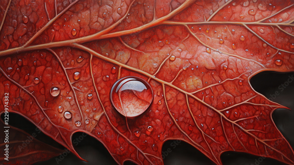 Obraz premium A close-up of a deep red maple leaf adorned with crystal-clear water droplets, a single droplet magnifying the leaf's intricate veins