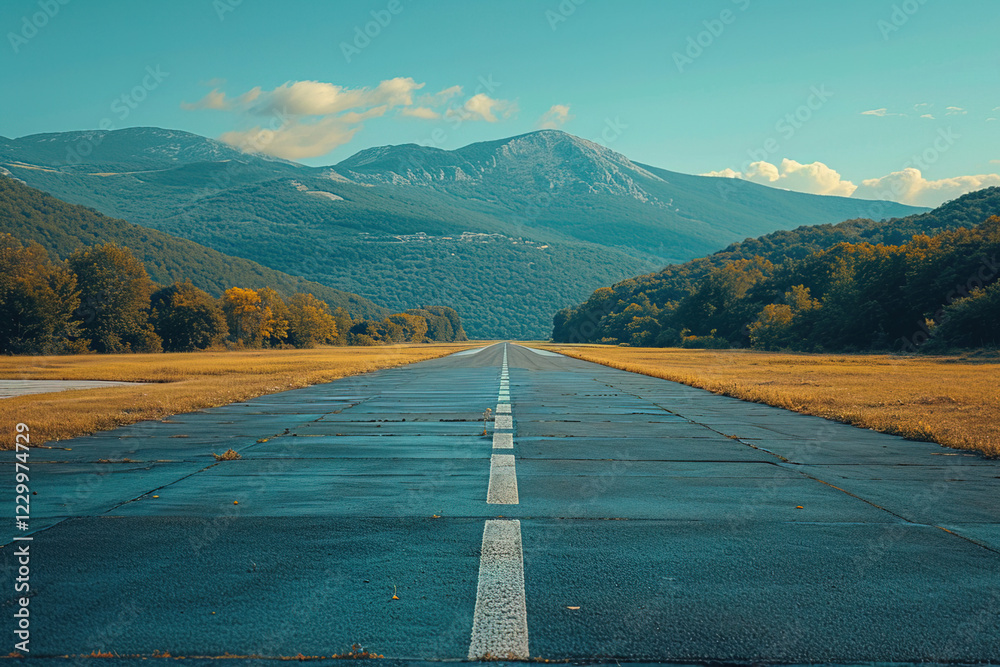 Obraz premium Scenic view of a deserted runway surrounded by mountains and trees on a sunny day