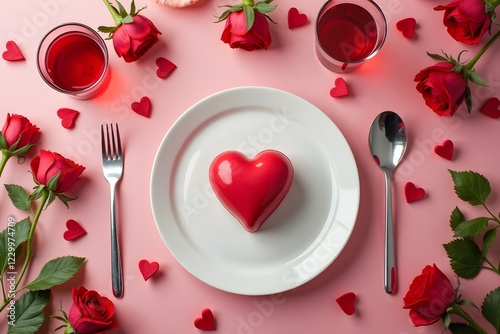 Artistic flat lay of Valentine's dinner elements