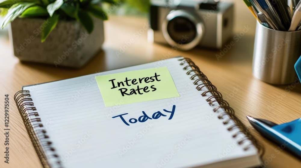 Fototapeta premium Notebook with a sticky note reading Interest Rates Today on a modern office desk.