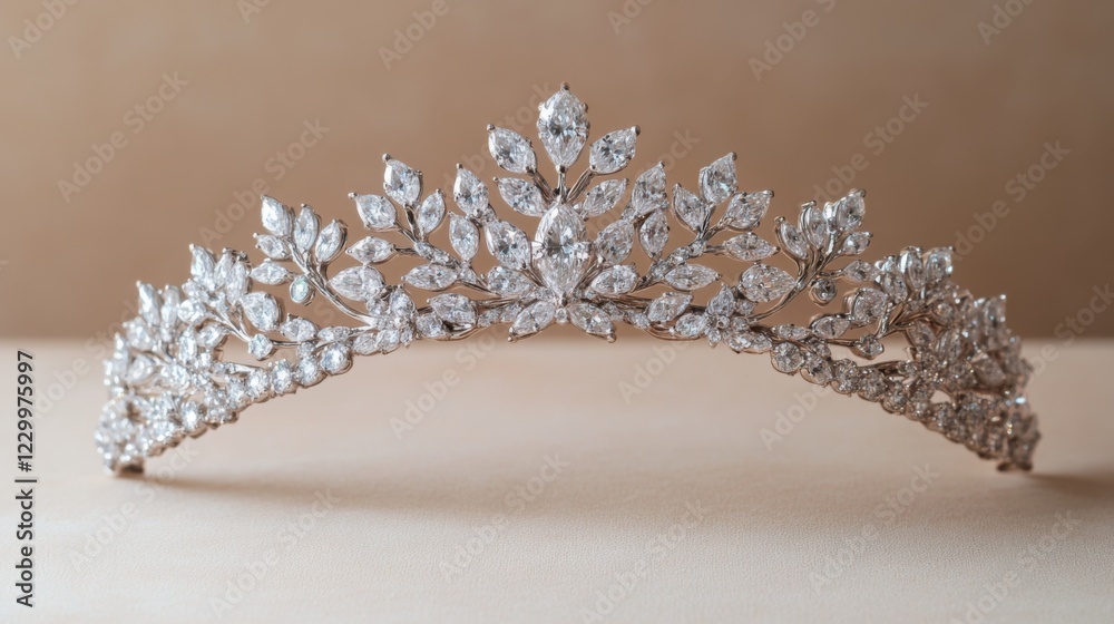 A stunning diamond tiara sparkling in the light, elegantly displayed against a soft, neutral background to highlight its exquisite design A stunning diamond tiara sparkling in the light, elegantly displayed against a soft, neutral background to highlight its exquisite design