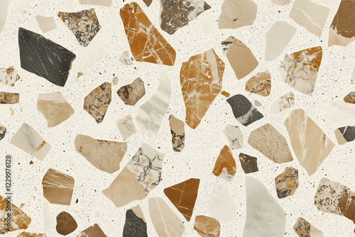 Terrazzo texture with warm beige, cream, and caramel marble chips on a light polished background. High-resolution decorative stone surface, ideal for luxury flooring, countertops, and interio