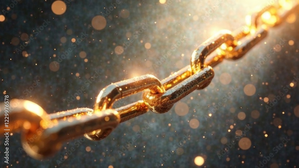 A gold chain with a link missing. The chain is suspended in the air and the chain is golden A gold chain with a link missing. The chain is suspended in the air and the chain is golden