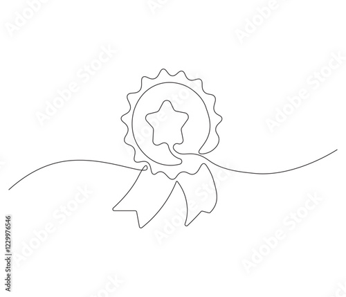 Winning badge in one continuous line drawing. Symbol of a winner. Award winning ribbon in simple linear style. Editable stroke. Doodle line illustration