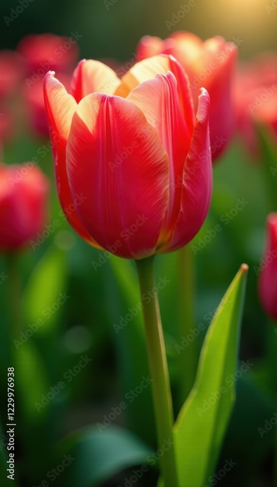Naklejka premium Sun-drenched tulips, dew-kissed petals unfurl , morning, photo