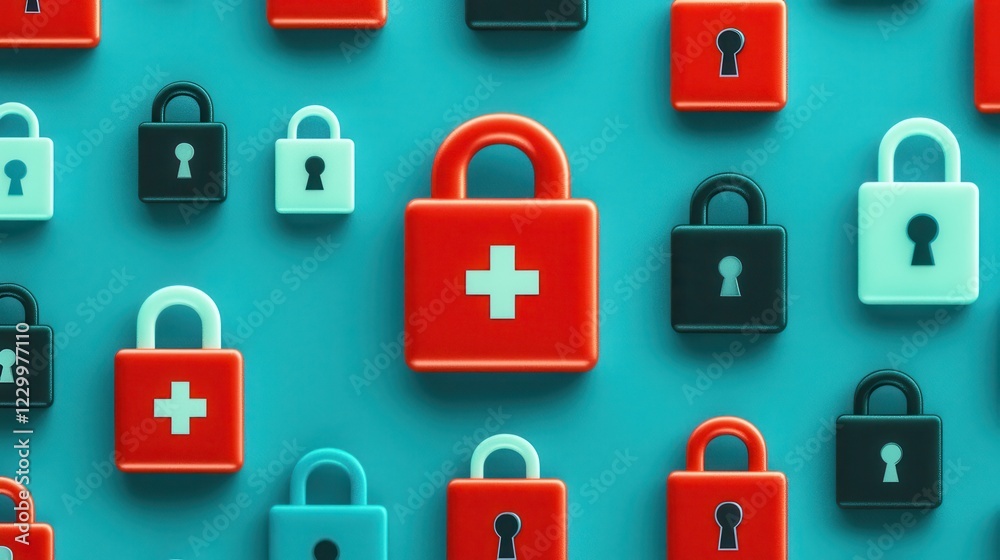 Colorful Collection of Locks with Medical Symbols on a Teal Background Colorful Collection of Locks with Medical Symbols on a Teal Background