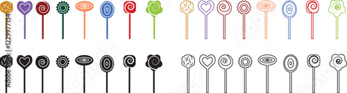 Sweets and candy icon set. Chocolate bars, caramel, toffee and lollipop on sticks, marmalade bears. Confectionery shop elements for birthday kids present cartoon flat isolated vector collection.