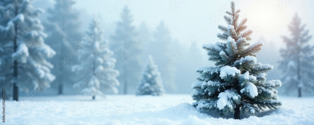 Fototapeta premium Frosty fir tree against snowy white background, bright, fir