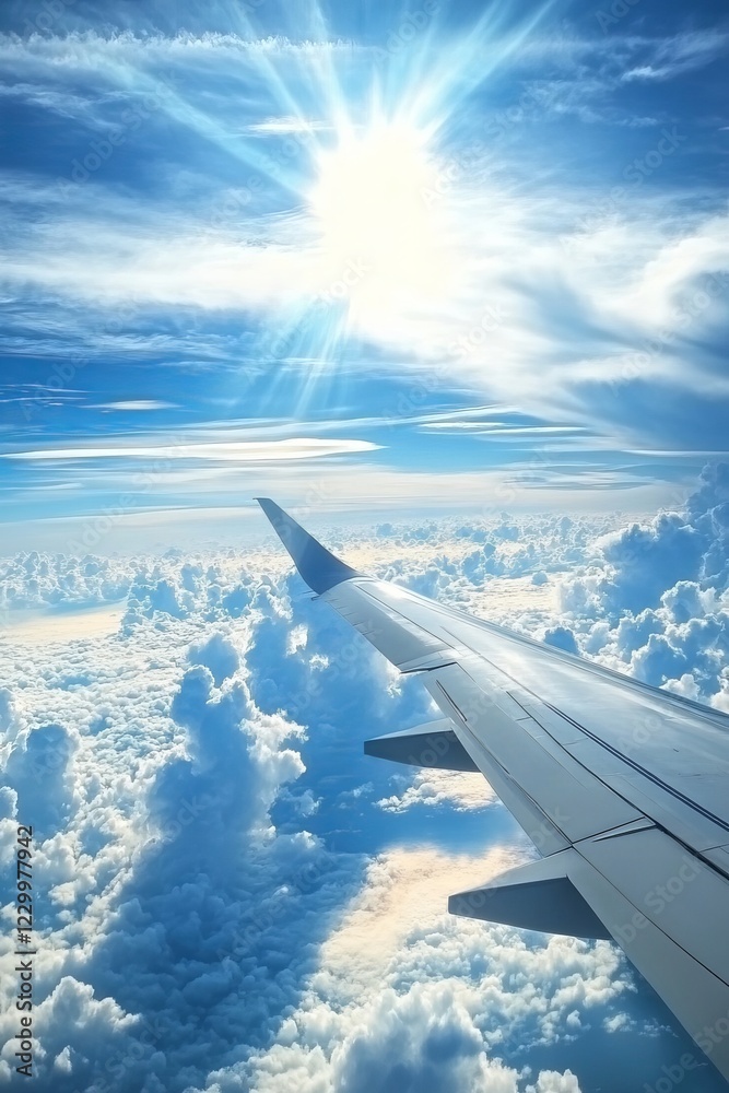 Fototapeta premium A plane is flying through a cloudy sky with the sun shining through the clouds