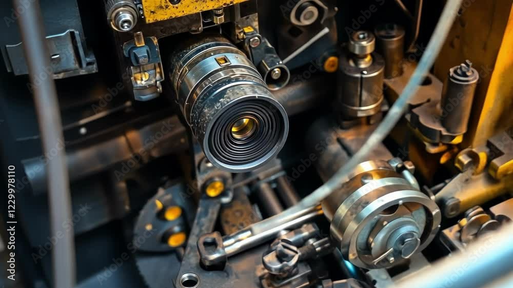 An inspection camera inserted into a complex machine assembly revealing internal components and their condition under low light. An inspection camera inserted into a complex machine assembly revealing internal components and their condition under low light.