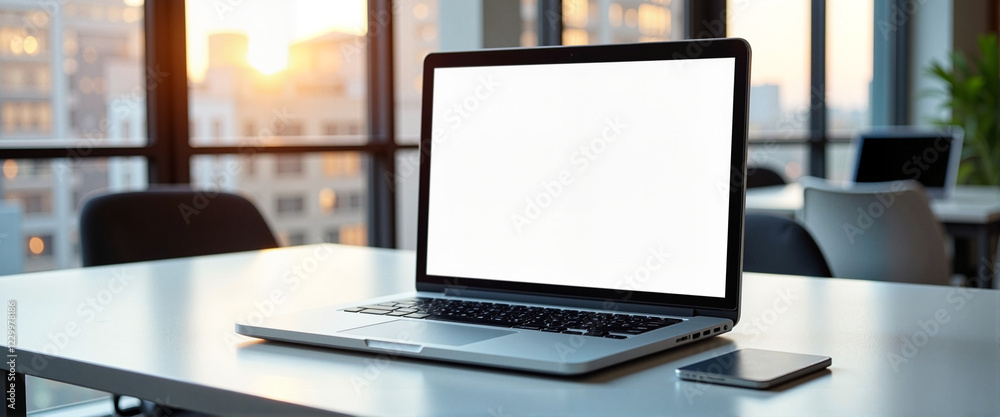 Modern laptop on office desk with blank screen, business concept Modern laptop on office desk with blank screen, business concept
